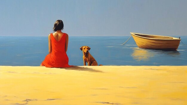 summer sea landscape woman and puppy sit on beach sand blue sea and sky