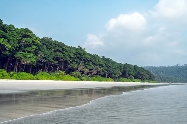 Summer seascape on tropica island. Landscape taken on main long sunrise beach with blue sky, coral reef and white sand.