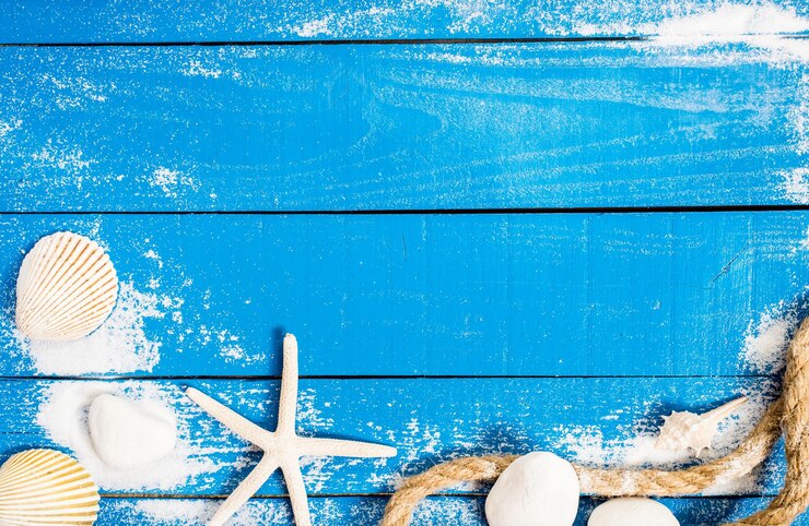 summer season, beach on wooden, flat lay with copy space