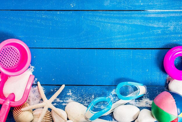 summer season, beach on wooden, flat lay with copy space