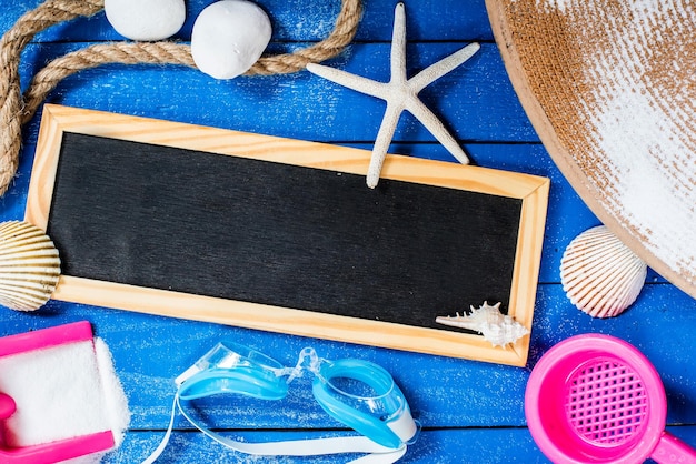 summer season, beach on wooden, flat lay with copy space