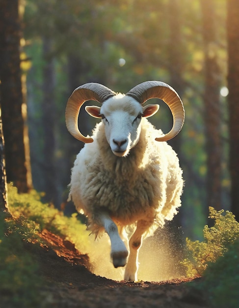 Summer Season Majestic Adult Ram Running in the Forest Large Horns Glowing with Radiant Lights