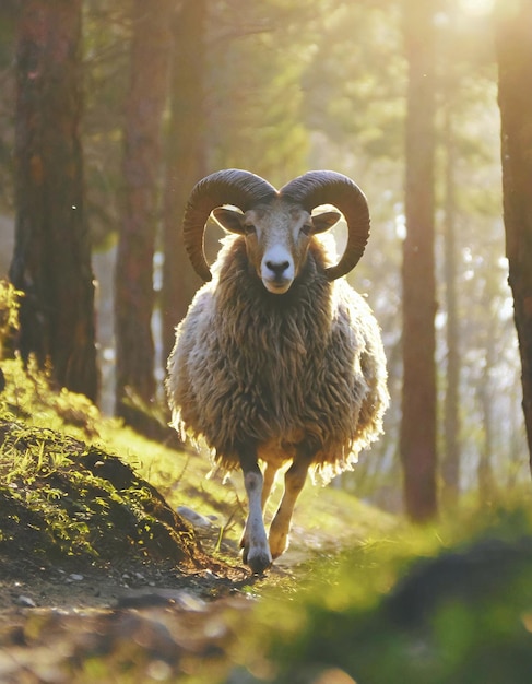 夏の季節 壮大な成人の雄羊が森で走っています 大きな角が輝く光で輝いています