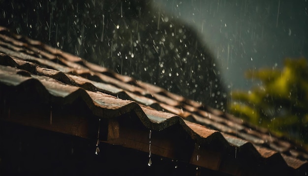 夏のシャワー 雨の滴が屋根から落ちる