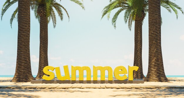 SUMMER sign on beach sand with palm trees and wooden path