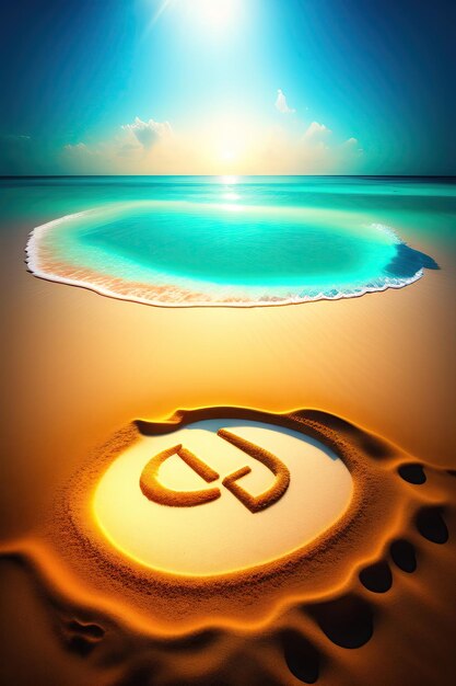 Summer sign drawn on sand of a tropical beach clear turquoise ocean maldives islands