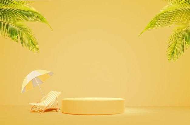 夏のシングルラウンドステージ広告製品は、ビーチチェアと傘と葉で表彰台を表示します