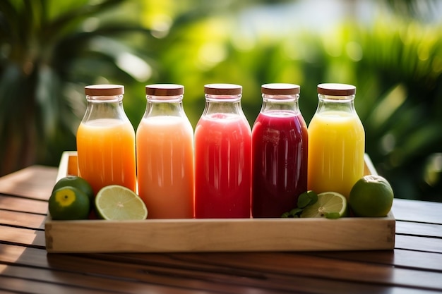 Foto summer sips freshly squeezed juice bottles with vibrant vibes generative ai