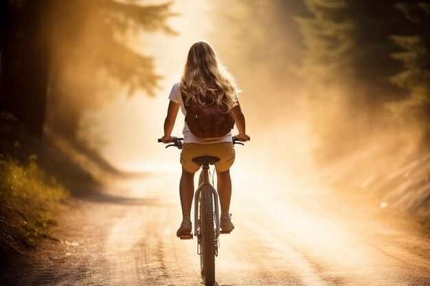 Summer sport activities sporty woman riding mountain bike on road in forest in koprova valley