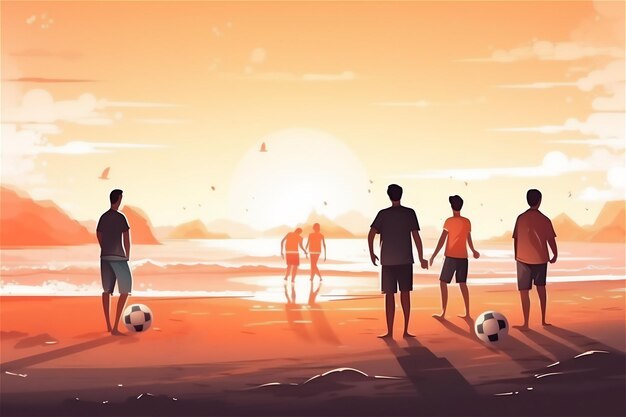 Summer sports illustration young friends playing volleyball on the beach freedom and vitality