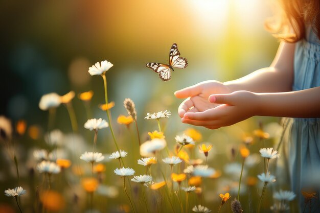 Summer spring floral background A butterfly flutters on flowers which a child catches in the palms