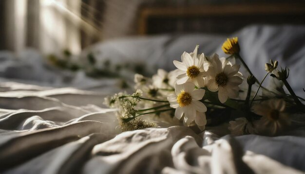 Photo summer or spring flowers on white bedsheet beautiful bouquet