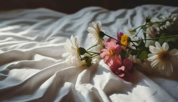 Summer or spring flowers on white bedsheet Beautiful bouquet