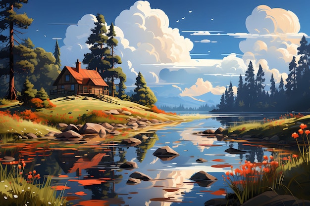 Summer or spring landscape with a lake house and blue sky on a sunny day Flat illustration