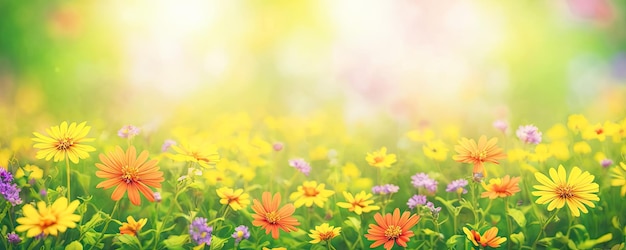 Summer spring natural flower background banner Wildflowers on bright sunny day with beautiful bokeh Sunny garden in sunlight on nature outdoors wide banner format Generative AI