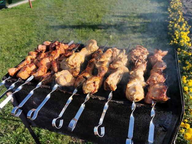 Barbecue all'aperto estivo o primaverile in natura con cosce di pollo e maiale alla griglia su carbone barbecue