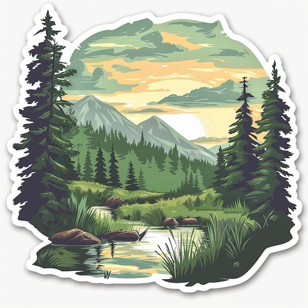 Summer stickers with forest field sky and hiking