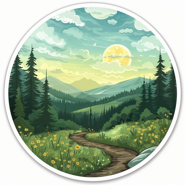 Summer stickers with forest field sky and hiking