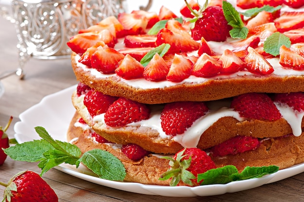 Summer strawberry cake in the form of a rustic