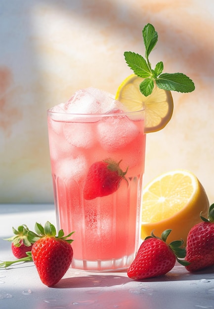 Summer strawberry lemonade on light background Strawberry mojito with berries and mint