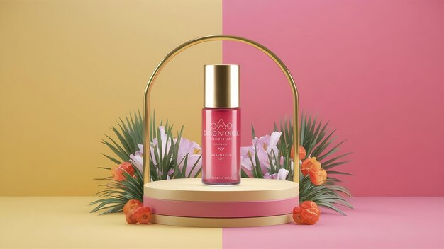 Summer style of showcase for cosmetics product display on yellow and pink background with flowers