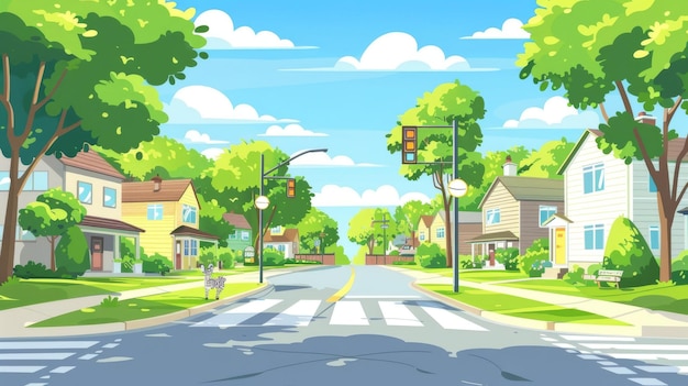 A summer suburb city scene with side views of pedestrians cross zebras on the road a traffic light to ensure safety private houses green trees and grass