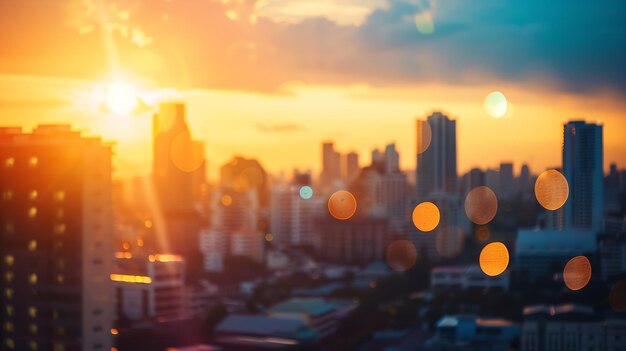 Photo summer sun blur golden hour sky sunset with city rooftop view background cityscape generative ai