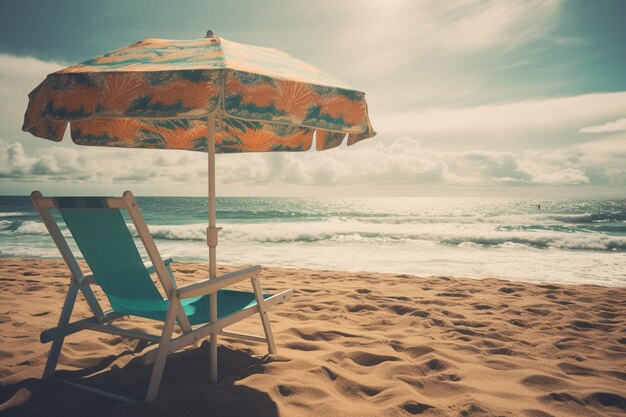 夏の太陽の波と 傘の下の快適なビーチチェア