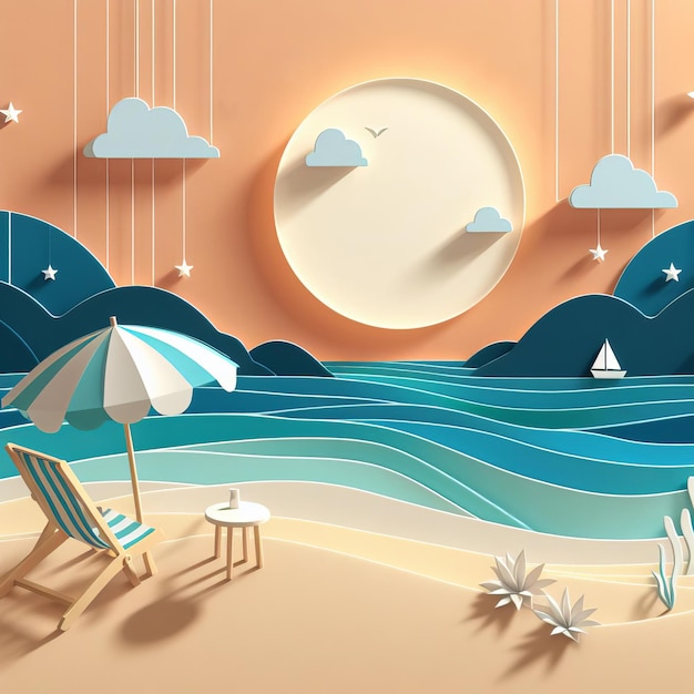 Summer sunlight sea the hottest season water waves paper craft style Generative Ai