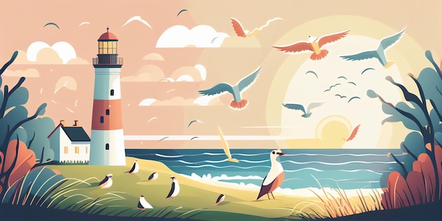 Summer sunny landscape flat vector style with lighthouse and seagulls in pastel cheerful colors generative AI