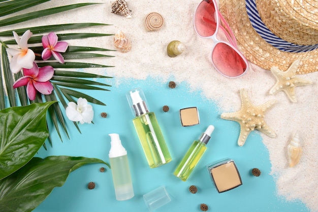 Summer and sunscreen, Beauty cosmetics product for skin care and women accessories.