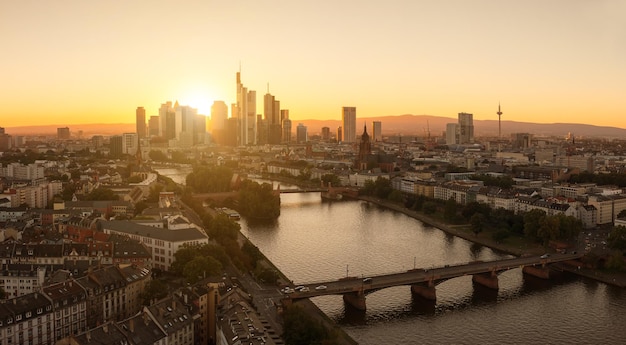 Summer Sunset panorama of the financial district in Frankfurt Germany