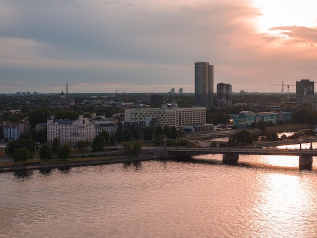Summer sunset in Riga Latvia Aerial view of Riga the capital of Latvia at sunset Beautiful building