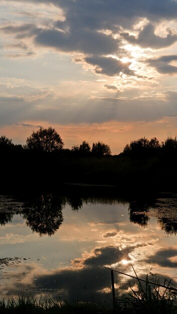 Summer sunset over rural pond or overgrown lake