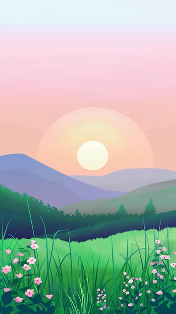 夏の日没や日の出の自然風景のベクトルイラスト