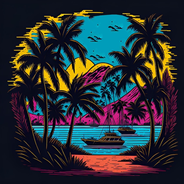 夏の夕日休暇 T シャツのデザインの写真