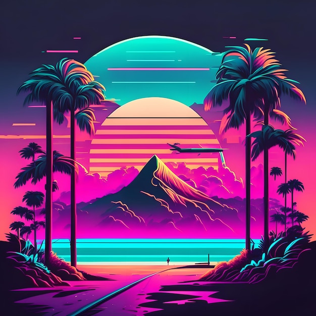 summer sunset vaporwave illustration