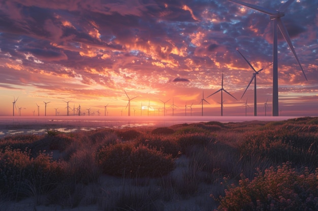 Photo summer sunset westkapelle zeeland with a view of north sea wind turbines