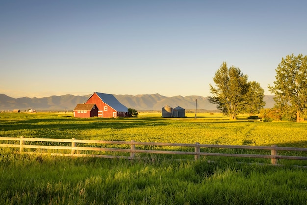 Summer sunset with a red barn in rural montana and rocky mountains