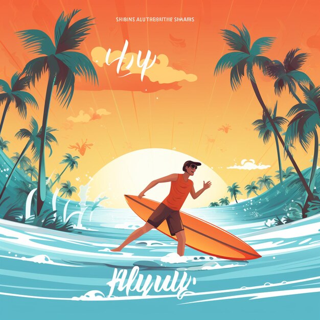 Photo summer surfing vector design surfing text in beach seashore background with surfboards element