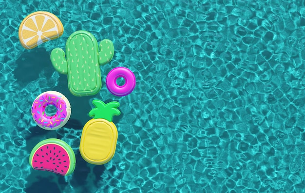 Photo summer swimming pool full of fun pool floats overhead view d rendering