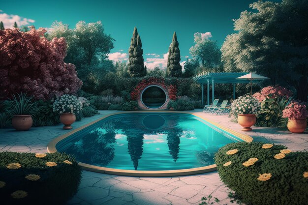 Summer swimming pool with blue water in the garden Illustration AI Generative