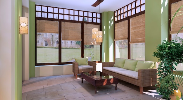 Summer terrace in oriental style with pale olive colored walls