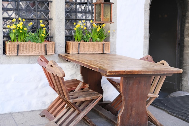 Summer terrace of the restaurant on a clear day Table near the restaurant closeup