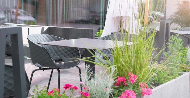 Summer terrace of the restaurant on a clear day Table near the restaurant closeup