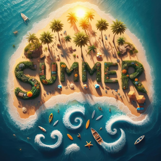 Лето текст полностью сформирован пляжным солнцем волновой пальмы