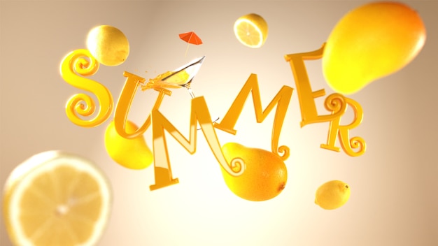 Summer text with cocktail, mango and lemons decorat