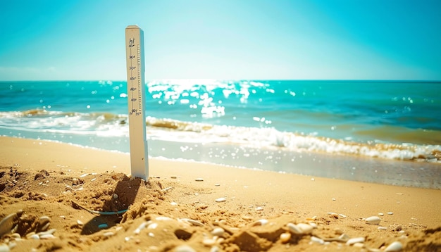 Summer thermometer on beach hot summer day