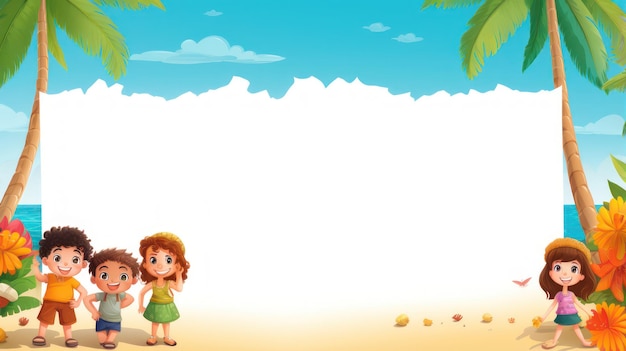 Photo summer time children's greeting card cartoon illustration with empty space for templates