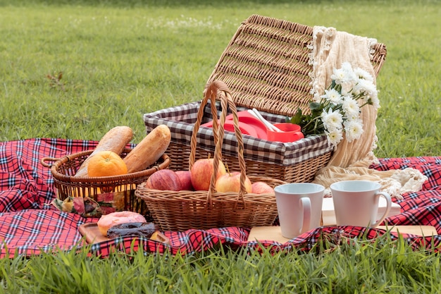 Summer time.Closeup of picnic basket with food and fruit  in nature.